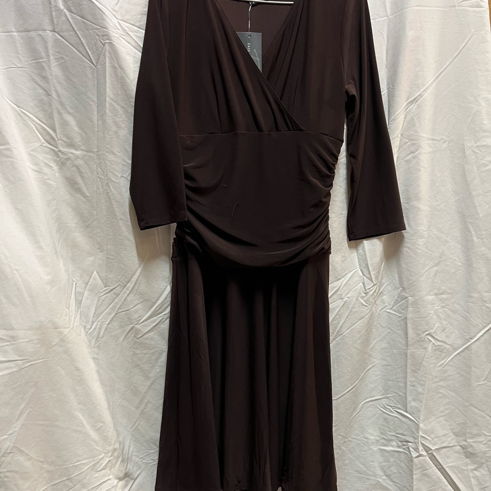 REKUCCI Elegant Brown Midi Wrap Dress with Ruched Waist